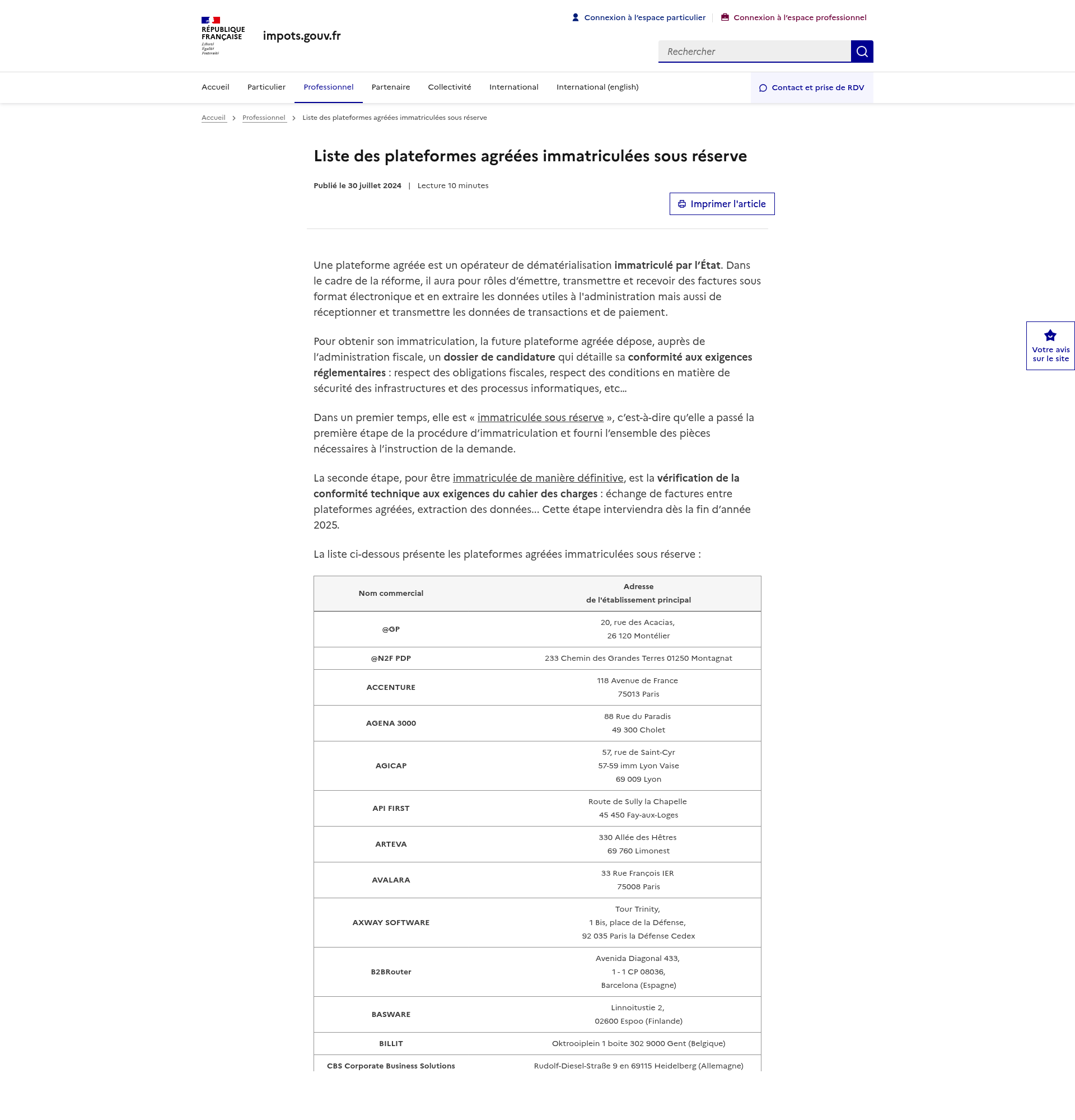 Liste officielle des PDP sous réserve